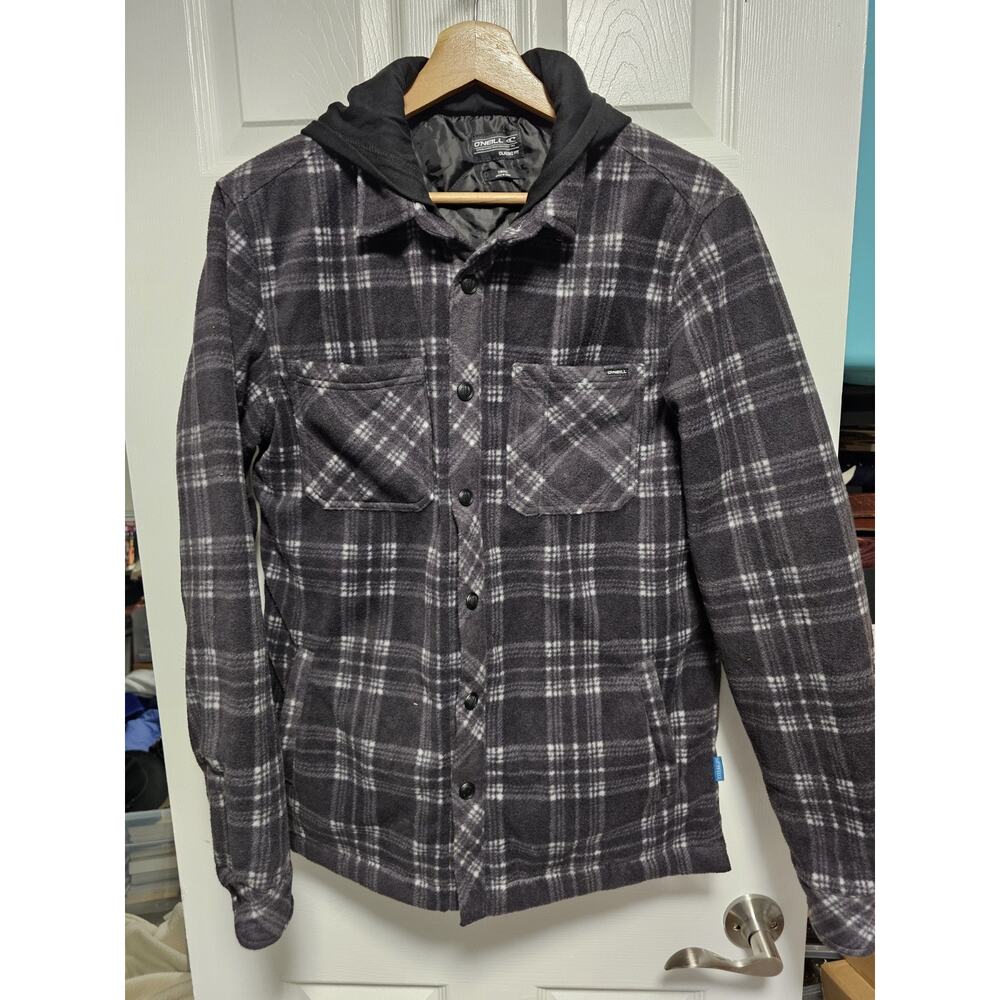 O'Neill Jacket Mens Small Black Gray Plaid Hooded Quilted Full Zip Jacket